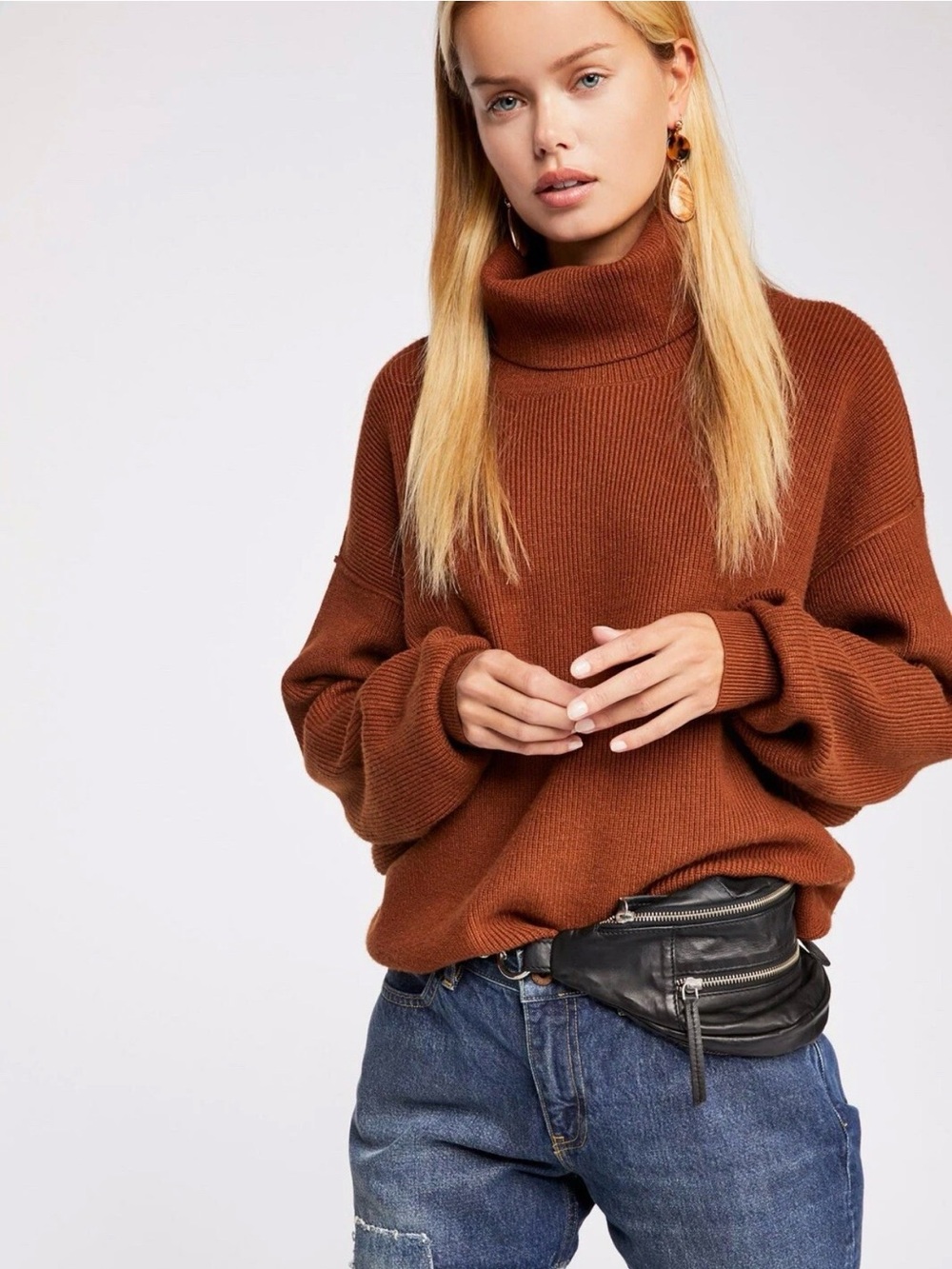 Free People Softly Structured Brown Tunic Ribbed Turtleneck Sweater Cabin Sz XS